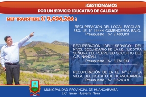 GESTIONES DE NUESTRO ALCALDE PROVINCIAL REALIZADAS EN LA CIUDAD DE LIMA DAN RESULTADOS Y REGRESA CON 3 NUEVOS PROYECTOS APROBADOS FINANCIERAMENTE