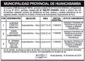 Acciones de Rectificaci&oacute;n de Area, Linderos y medidas perim&eacute;tricas de predios, ubicados en el Distrito y Provincia de Huancabamba - Piura.